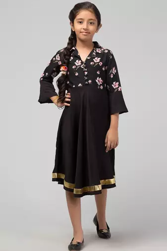 Black multi midi dress for girls in crepe fabric