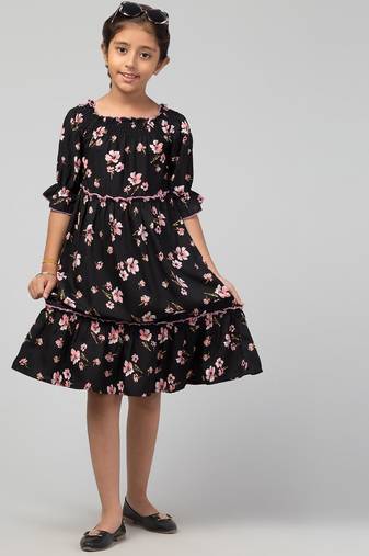 Black multicolor midi dress for girls in crepe fabric