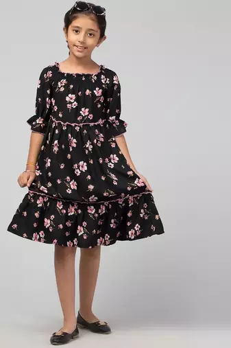 Black multicolor midi dress for girls in crepe fabric
