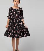 Black multicolor midi dress for girls in crepe fabric
