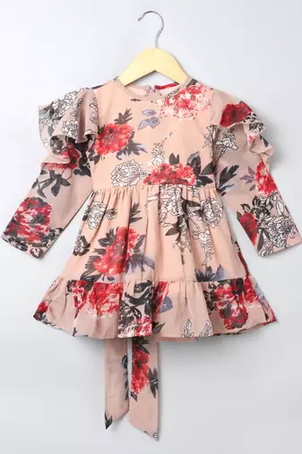 Beige printed georgette frock with lining