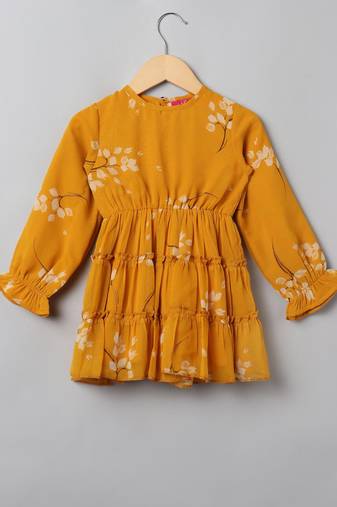 Mustard printed georgette frock with lining