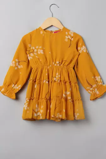 Mustard printed georgette frock with lining