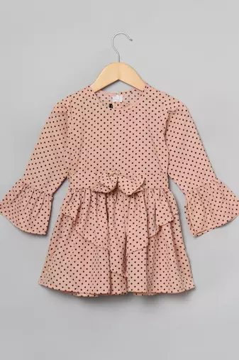 Beige white designer frock for girl's in crepe fabric
