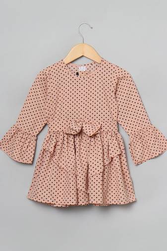Beige white designer frock for girl's in crepe fabric