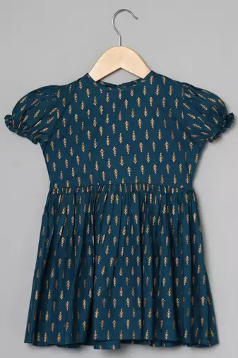 Dark teal-white printed frock in rayon fabric with elasticated sleeves