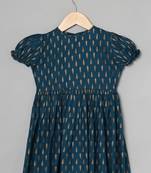 Dark teal-white printed frock in rayon fabric with elasticated sleeves