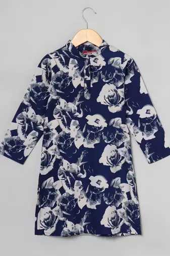 Long multicolortunic for girls with mandarin collar in crepe fabric