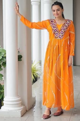 Navratri faux georgette leheriya print with kutchi patchwork kurtiFull Stitched Free Size