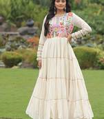 Navratri kora cotton with multi thread embroidered & gota patti work gown-Full Stitched Free Size