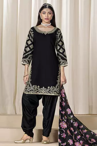 Black embroidered chanderi silk blend patiyala salwar kameez