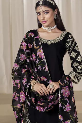 Black embroidered chanderi silk blend patiyala salwar kameez