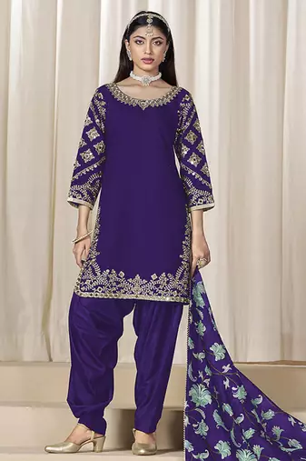Purple embroidered chanderi silk blend patiyala salwar kameez