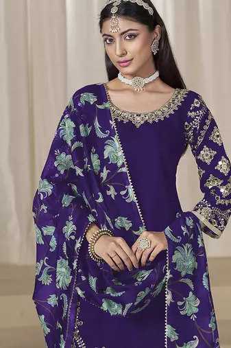 Purple embroidered chanderi silk blend patiyala salwar kameez