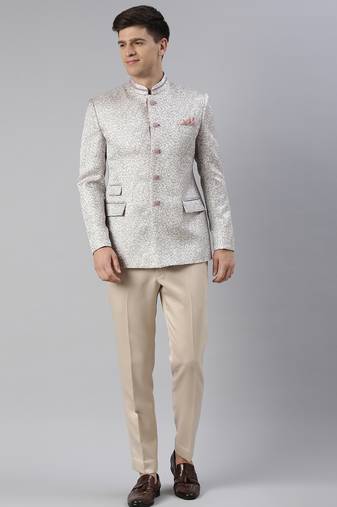 Pink grey jacquard bandhgala set