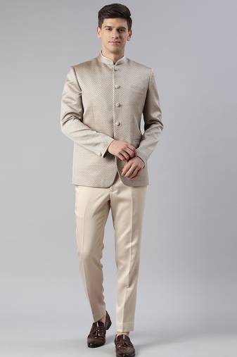 Beige jacquard bandhgala set