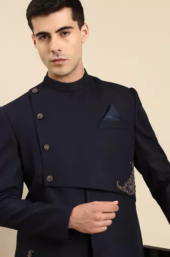 Navy blue embroidery bandhgala