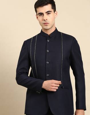 Navy embroidered bandhgala with velvet detailing 1