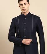 Navy embroidered bandhgala with velvet detailing