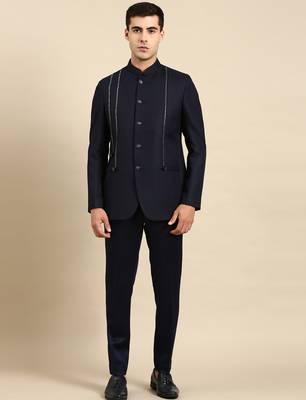 Navy embroidered bandhgala with velvet detailing 2