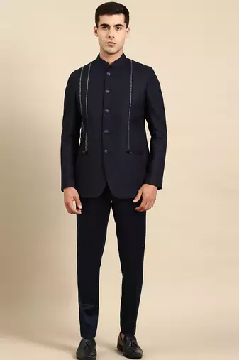 Navy embroidered bandhgala with velvet detailing