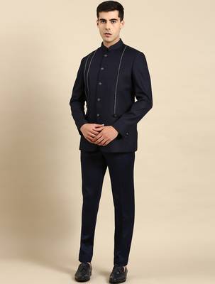 Navy embroidered bandhgala with velvet detailing 4