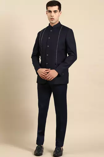 Navy embroidered bandhgala with velvet detailing
