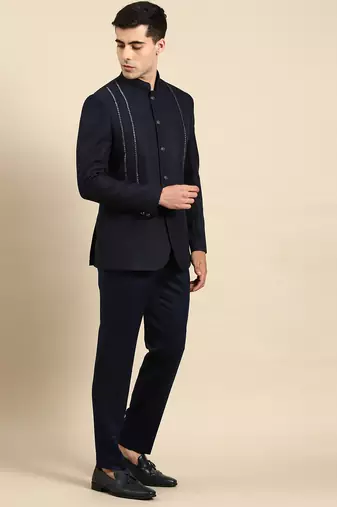 Navy embroidered bandhgala with velvet detailing