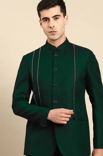 Green embroidered bandhgala with velvet detailing