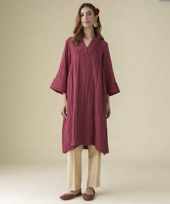 Maroon plain chanderi kurta set with slip 2