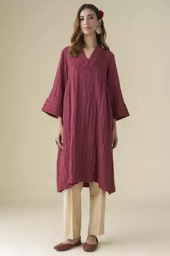 Maroon plain chanderi kurta set with slip