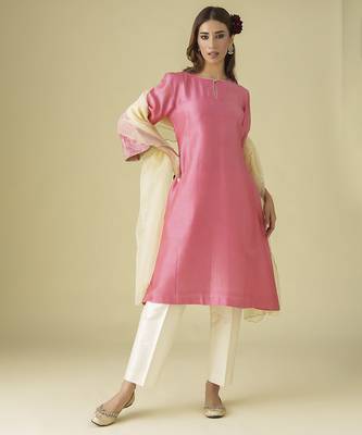 Pink plain chanderi kurta set 1