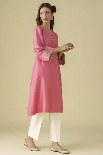 Pink plain chanderi kurta set