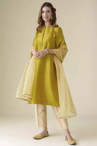 Mustard floral embroidered chanderi kurta set
