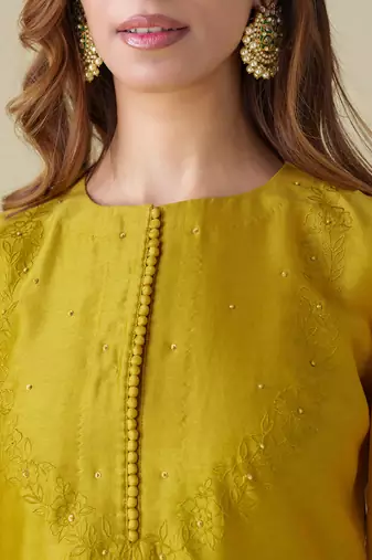 Mustard floral embroidered chanderi kurta set