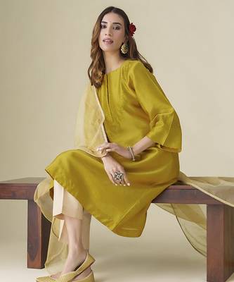 Mustard floral embroidered chanderi kurta set 4
