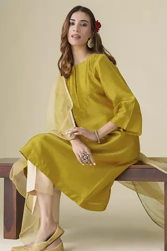 Mustard floral embroidered chanderi kurta set