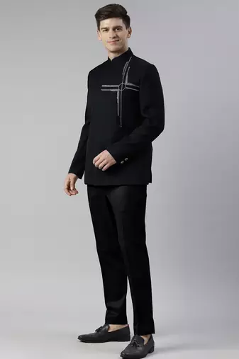 Navy blue embroidered bandhgala