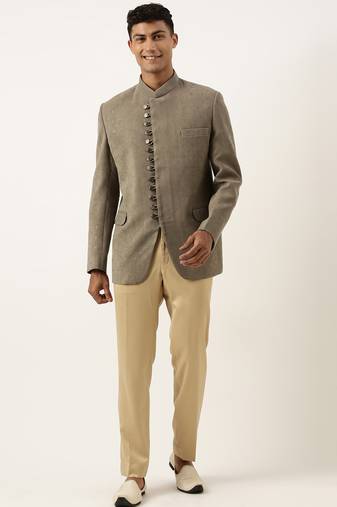 Olive suede fabric with golden motifs bandhgala set