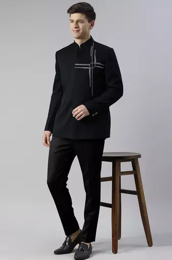 Navy blue embroidered bandhgala