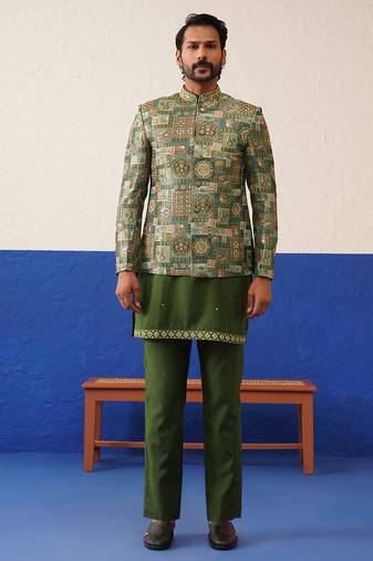 Green with multi design bandhgala set