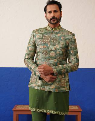 Green with multi design bandhgala set 2