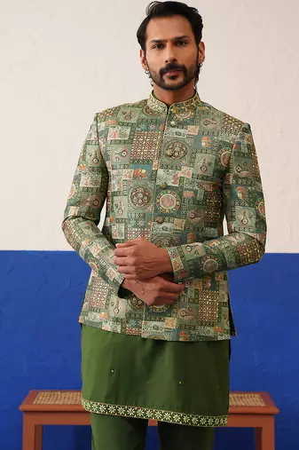 Green with multi design bandhgala set