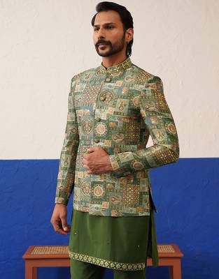 Green with multi design bandhgala set 4