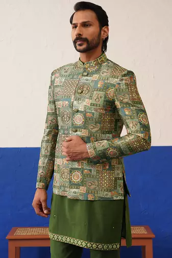 Green with multi design bandhgala set