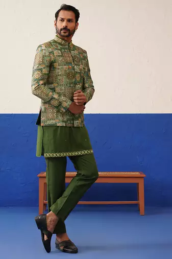 Green with multi design bandhgala set