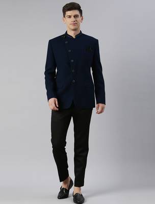 Teal blue textured bandhgala with leather detailing 1