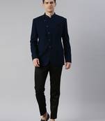 Teal blue textured bandhgala with leather detailing