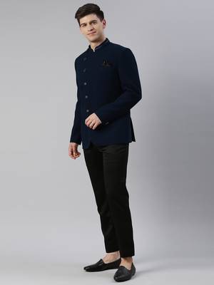 Teal blue textured bandhgala with leather detailing 3