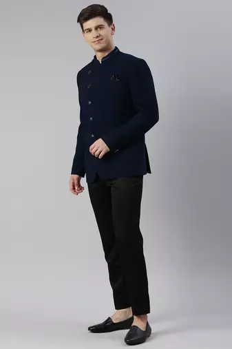 Teal blue textured bandhgala with leather detailing